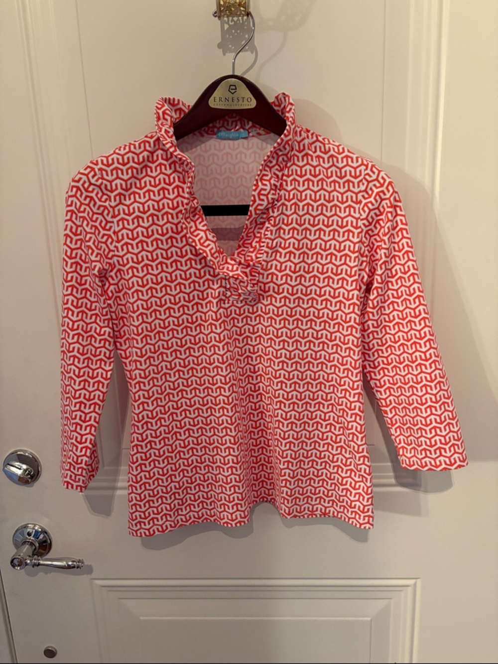 J. McLaughlin Coral and White Geometric Print Blouse